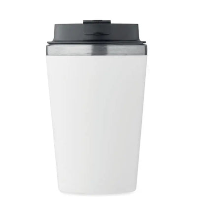 Pahar cu captuseala ceramica de 350 ml alb cu capac negru si margine argintie, termos de calatorie izolant