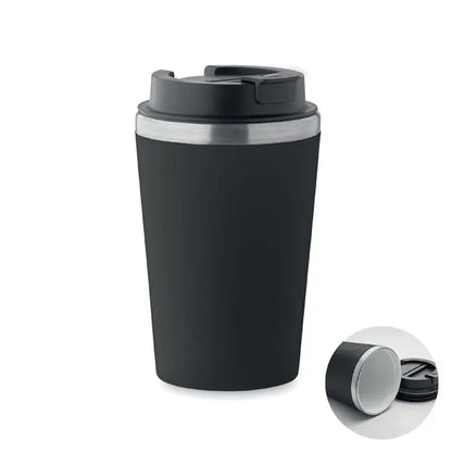 Pahar cu captuseala ceramica 350 ml negru izolat cu finisaj mat si margine metalica argintie la capac