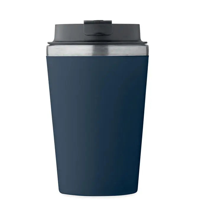 Pahar cu captuseala ceramica 350 ml navy blue cu capac negru si margine argintie, termos izolat pentru calatorii