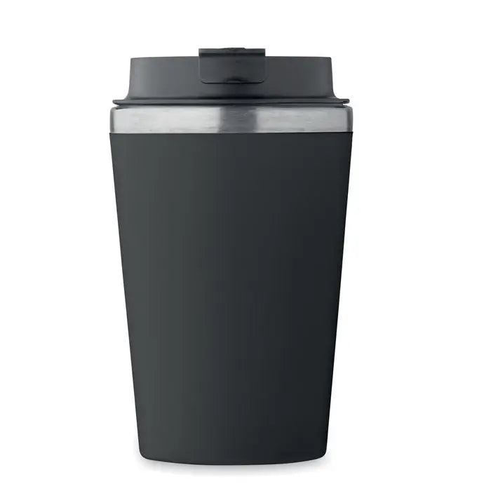 Pahar cu captuseala ceramica 350 ml negru, izolat, cu finisaj mat si margine argintie, ideal pentru calatorii