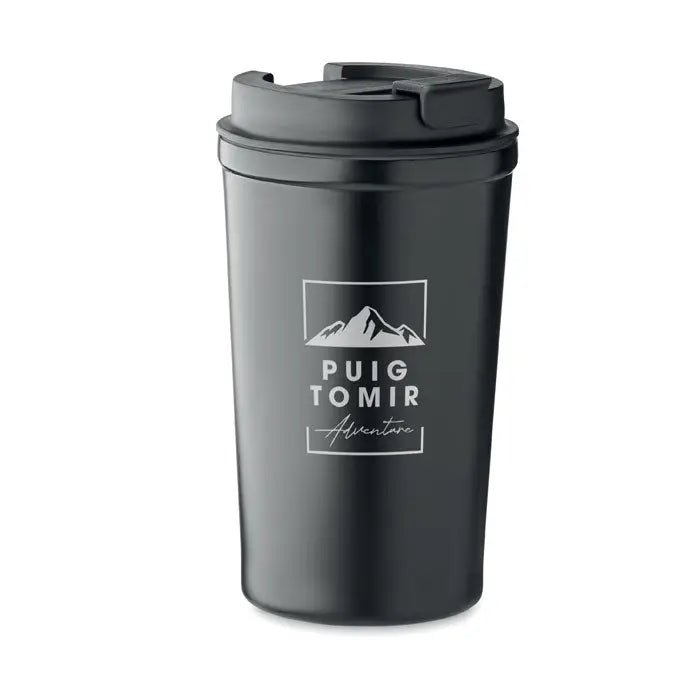 Pahar cu captuseala ceramica 450 ml negru mat cu logo cu munte si capac flip-top pentru calatorii