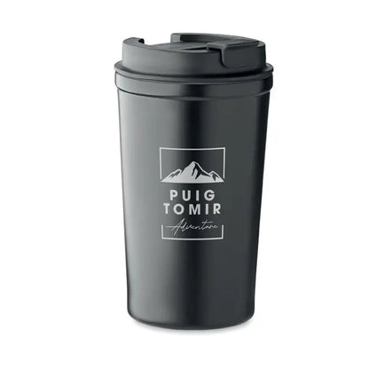 Pahar cu captuseala ceramica 450 ml negru mat cu logo cu munte si capac flip-top pentru calatorii