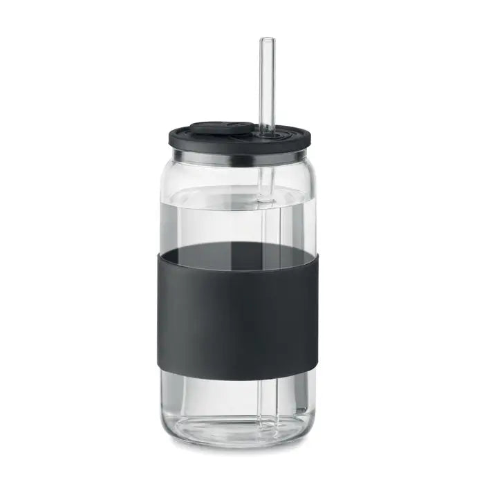 Pahar din sticlă borosilicată 550 ml transparent cu bandă siliconată neagră și pai integrat reutilizabil