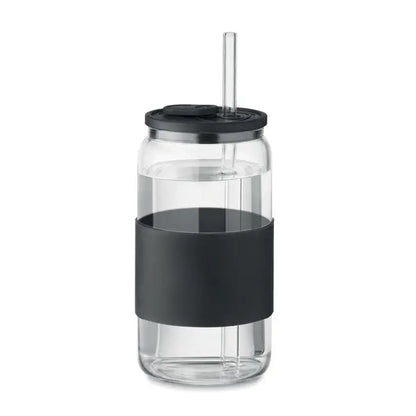 Pahar din sticlă borosilicată 550 ml transparent cu bandă siliconată neagră și pai integrat reutilizabil