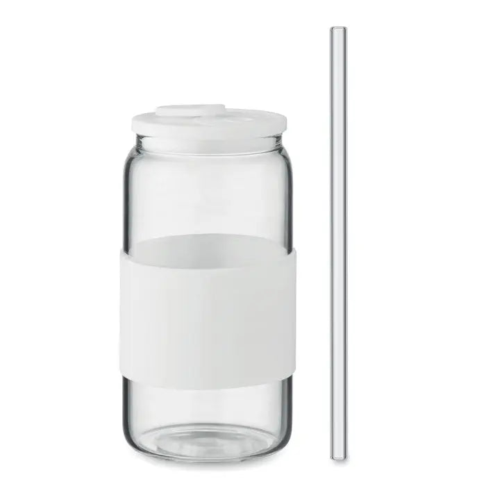 Pahar cu continut ridicat de borosilicat 550 ml sticla reutilizabila transparenta cu capac alb si banda siliconica alba