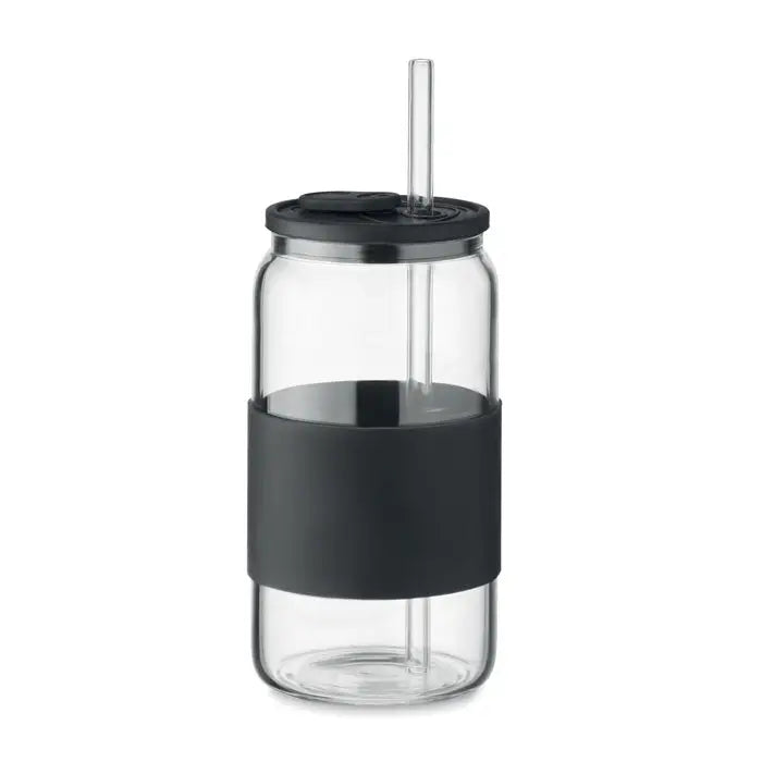Pahar transparent din sticla borosilicata de 550 ml cu grip si capac silicon negru si pai integrat