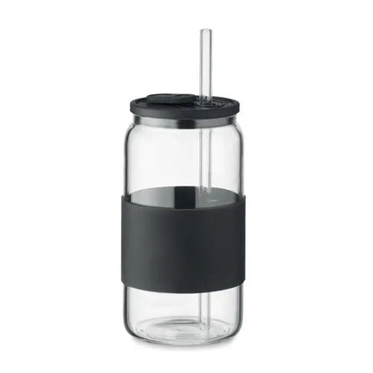 Pahar transparent din sticla borosilicata de 550 ml cu grip si capac silicon negru si pai integrat