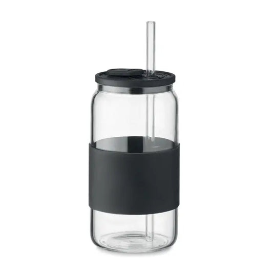 Pahar transparent din sticla borosilicata de 550 ml cu grip si capac silicon negru si pai integrat