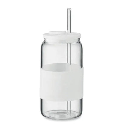 Pahar din sticla borosilicata 550 ml cu grip siliconic alb si capac alb cu pai integrat