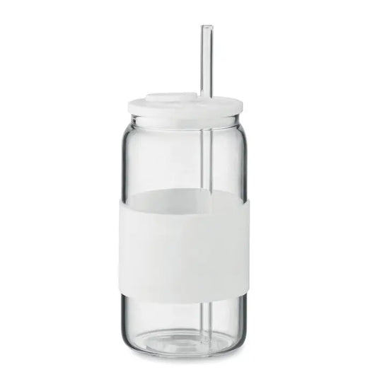 Pahar din sticla borosilicata 550 ml cu grip siliconic alb si capac alb cu pai integrat