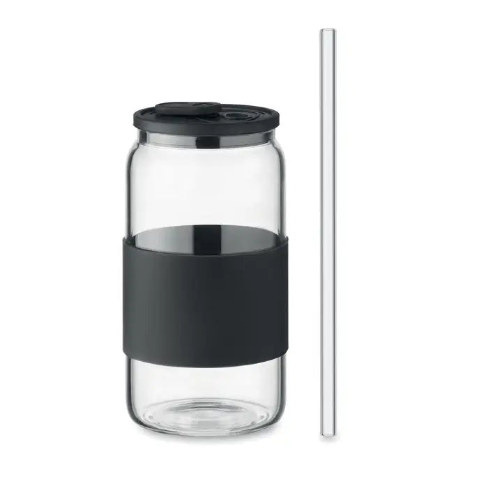 Pahar cu continut ridicat de borosilicat 550 ml sticla reutilizabila transparenta cu grip si capac negru si pai transparent