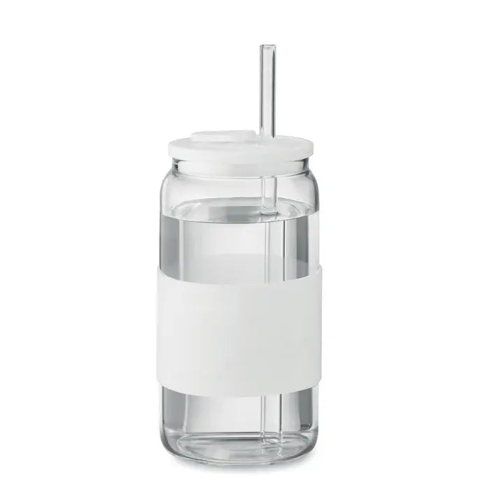 Pahar din sticlă transparentă de borosilicat 550 ml cu grip și capac din silicon alb și pai transparent
