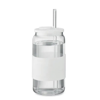 Pahar din sticlă transparentă de borosilicat 550 ml cu grip și capac din silicon alb și pai transparent