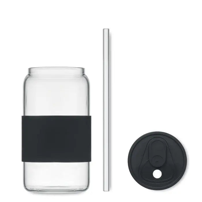 Pahar cu continut ridicat de borosilicat 550 ml din sticla transparenta cu banda de silicon neagra si capac negru cu pai transparent