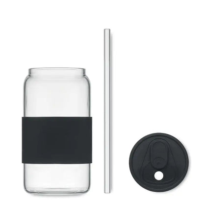 Pahar cu continut ridicat de borosilicat 550 ml din sticla transparenta cu banda de silicon neagra si capac negru cu pai transparent