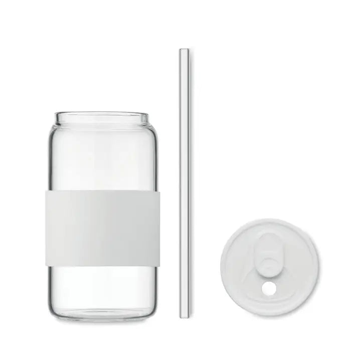 Pahar cu continut ridicat de borosilicat 550 ml transparent cu maner siliconic alb mat reutilizabil