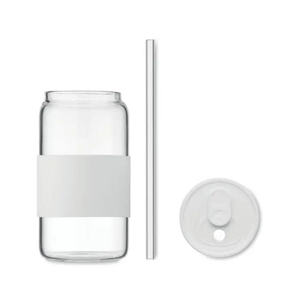 Pahar cu continut ridicat de borosilicat 550 ml transparent cu maner siliconic alb mat reutilizabil