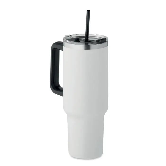 Pahar cu perete dublu alb insulat cu capac negru si pai pentru calatorii 1200 ml