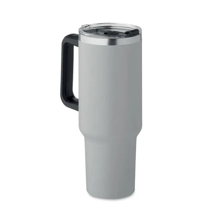 Pahar cu perete dublu 1200ml gri izolat cu mâner negru și capac transparent ideal pentru călătorii