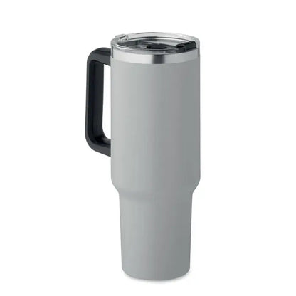 Pahar cu perete dublu 1200ml gri izolat cu mâner negru și capac transparent ideal pentru călătorii