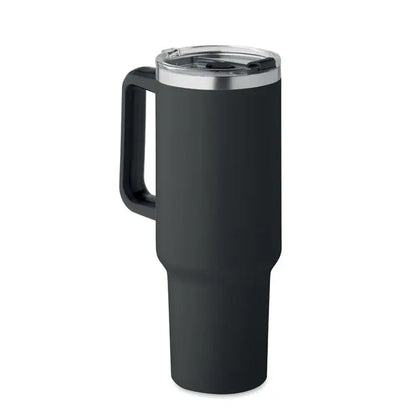 Pahar cu perete dublu 1200ml negru izolat cu capac argintiu si maner pentru calatorii