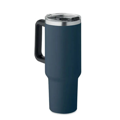 Pahar cu perete dublu 1200ml, cana termoizolanta albastru inchis cu maner negru si capac argintiu