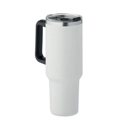 Pahar cu perete dublu 1200ml alb cu mâner negru și capac argintiu izolat termic pentru călătorii
