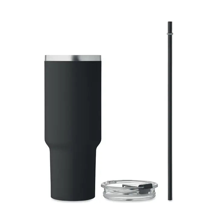 Pahar cu perete dublu 1200ml din otel inoxidabil negru mat cu capac transparent si pai negru