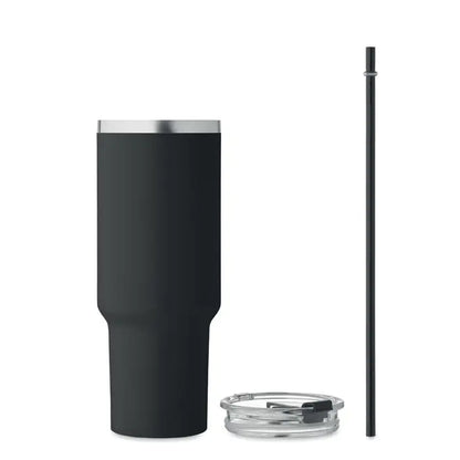 Pahar cu perete dublu 1200ml din otel inoxidabil negru mat cu capac transparent si pai negru