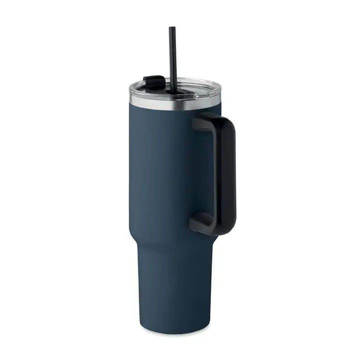 Pahar cu perete dublu 1200ml albastru inchis cu toarta neagra si pai, recipient izolat pentru bauturi