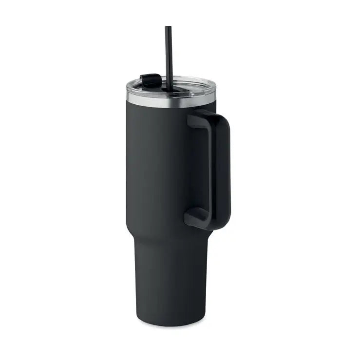 Pahar cu perete dublu 1200ml izolat negru mat cu rama argintie, toc negru si capac transparent cu pai integrat