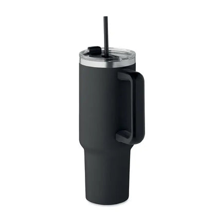 Pahar cu perete dublu 1200ml izolat negru mat cu rama argintie, toc negru si capac transparent cu pai integrat