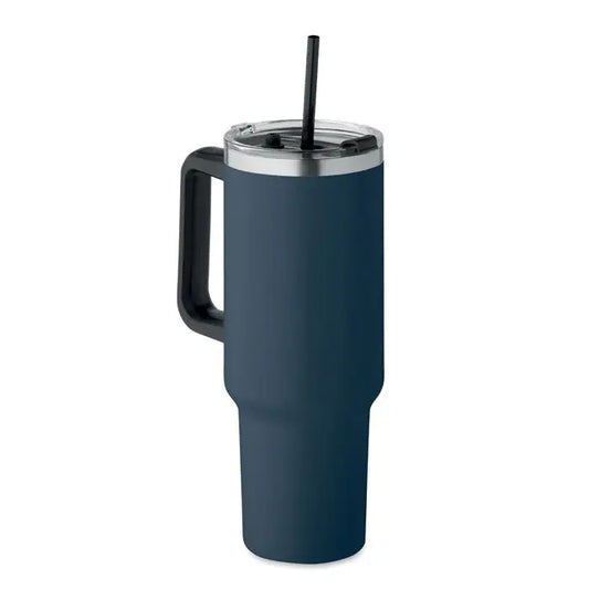Pahar cu perete dublu 1200ml albastru închis izolat cu mâner negru, margine argintie, capac transparent și pai