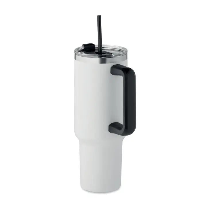 Pahar cu perete dublu 1200ml alb cu mâner și capac negru, finisaj mat și izolație termică eficientă
