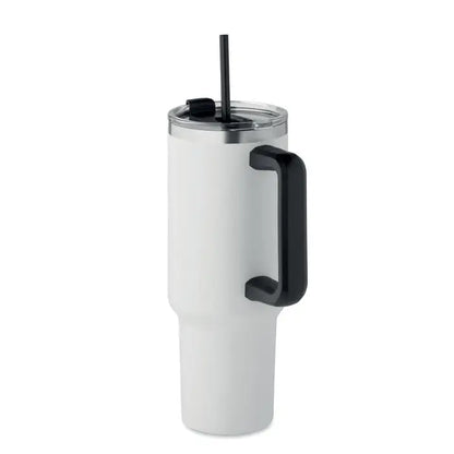 Pahar cu perete dublu 1200ml alb cu mâner și capac negru, finisaj mat și izolație termică eficientă