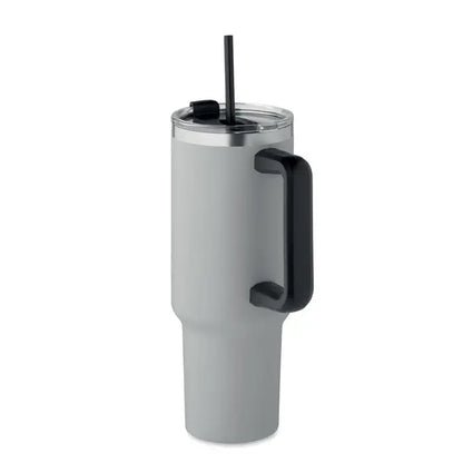 Pahar cu perete dublu 1200ml gri cu mâner negru izolat termic și pai transparent detașabil