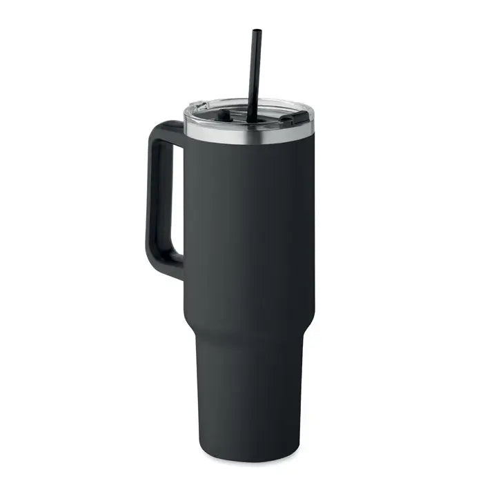 Pahar cu perete dublu negru izolant de 1200ml cu mâner, capac transparent și pai negru