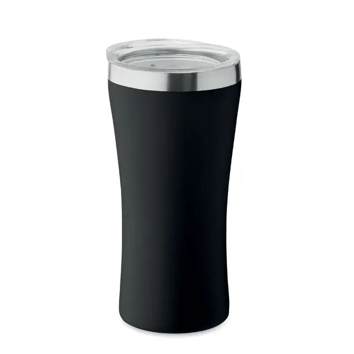 Pahar cu perete dublu 160 ml negru izolat pentru calatorii cu capac transparent si margine argintie