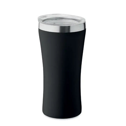 Pahar cu perete dublu 160 ml negru izolat pentru calatorii cu capac transparent si margine argintie