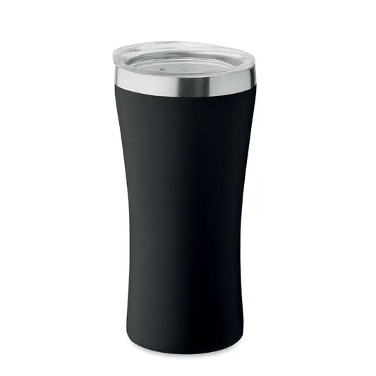 Pahar cu perete dublu 160 ml negru izolat pentru calatorii cu capac transparent si margine argintie