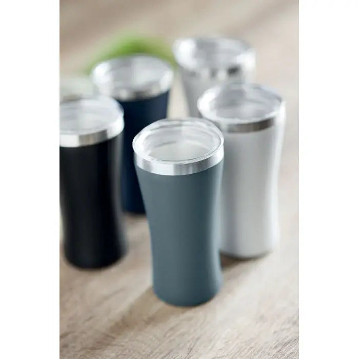Pahar cu perete dublu 160 ml, termos mat gri elegant cu margine argintie si capac transparent