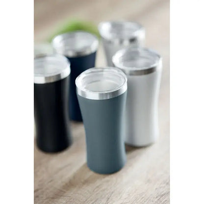 Pahar cu perete dublu 160 ml, termos mat gri elegant cu margine argintie si capac transparent
