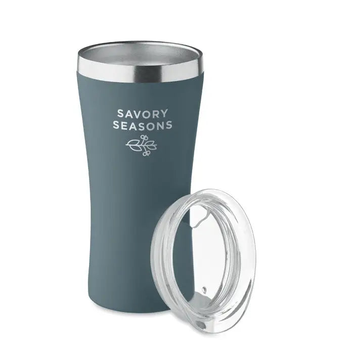 Pahar cu perete dublu 160 ml din otel inoxidabil, izolat, culoare teal mat, cu capac transparent si logo savory seasons