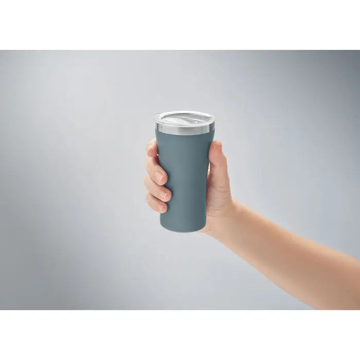 Pahar cu perete dublu 160 ml din otel inoxidabil, finisaj mat gri si capac argintiu, ideal pentru bauturi calde sau reci