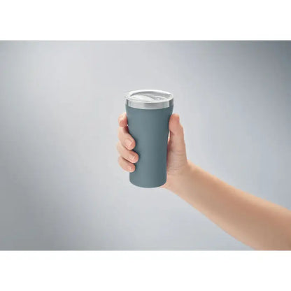 Pahar cu perete dublu 160 ml din otel inoxidabil, finisaj mat gri si capac argintiu, ideal pentru bauturi calde sau reci