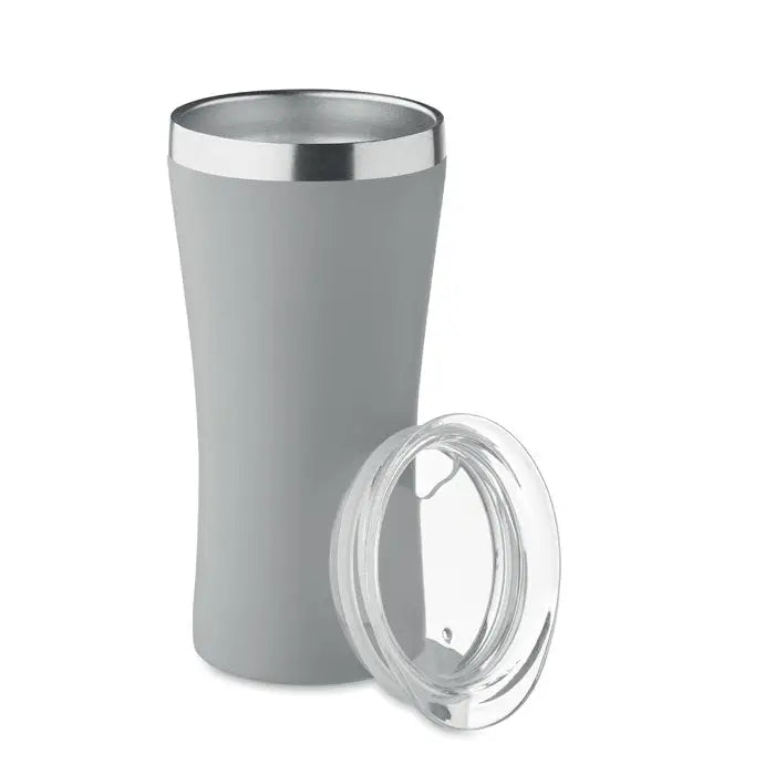 Pahar cu perete dublu 160 ml gri izolat cu margine din otel inoxidabil si capac din plastic transparent