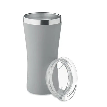Pahar cu perete dublu 160 ml gri izolat cu margine din otel inoxidabil si capac din plastic transparent
