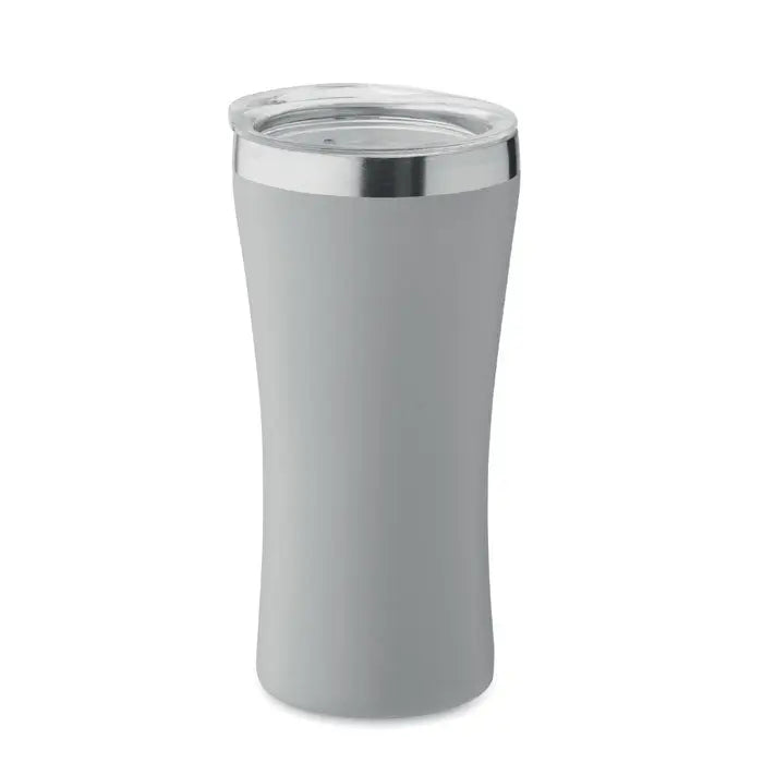 Pahar cu perete dublu 160 ml gri izolat cu capac transparent si margine argintie pentru bauturi calde sau reci