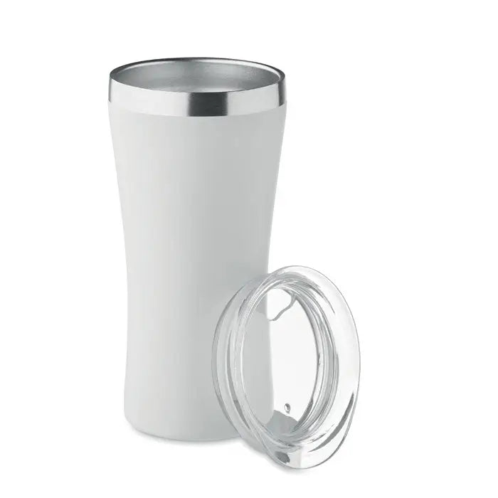Pahar cu perete dublu 160 ml alb cu izolare, margine argintie si capac transparent din plastic