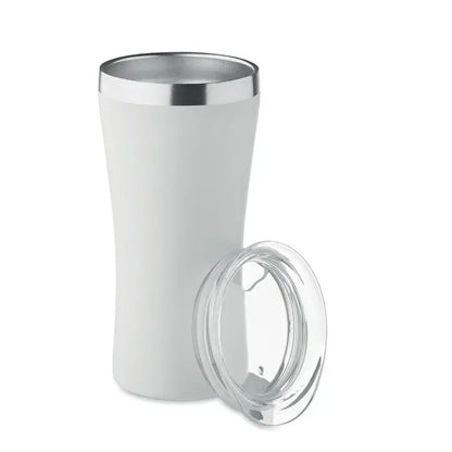 Pahar cu perete dublu 160 ml alb cu izolare, margine argintie si capac transparent din plastic